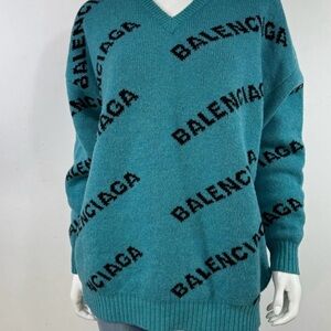 BALENCIAGA VIRGIN WOOL LOGO V NECK SWEATER